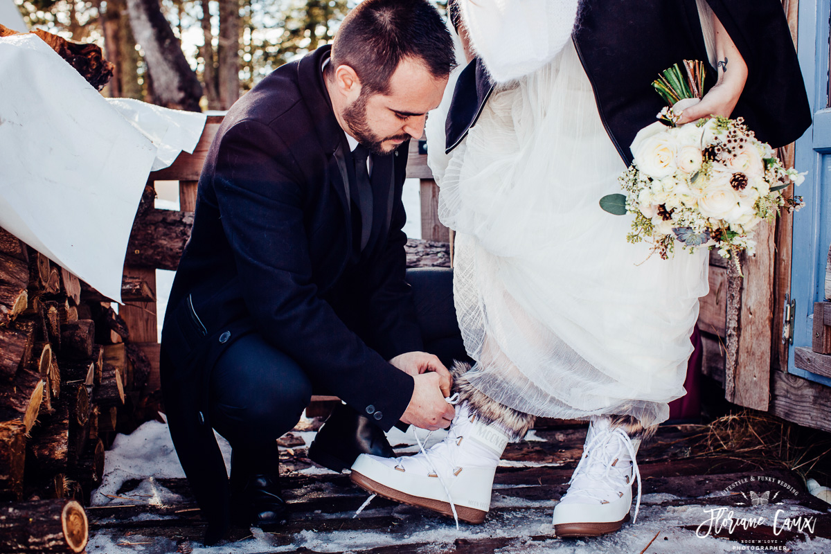 mariage d'hiver, mariée en moon boots